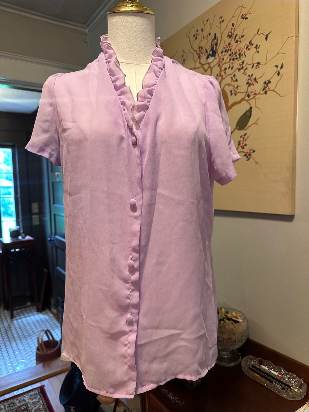 VINTAGE Lilac Ruffled Cottage Core Button Front Blouse